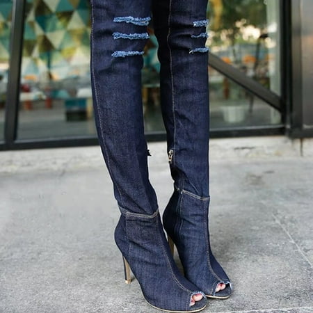 

Women‘s Denim Thigh High Boots Open Toe Stiletto Heels Ripped Boots Stylish Shoes Women‘s Footwear
