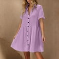 thumbnail image 2 of JSheng Womens Casual Shirt Dress Button Loose Turndown Collar Short Sleeve Solid Color Pleat Shirt Dresses Purple L, 2 of 5