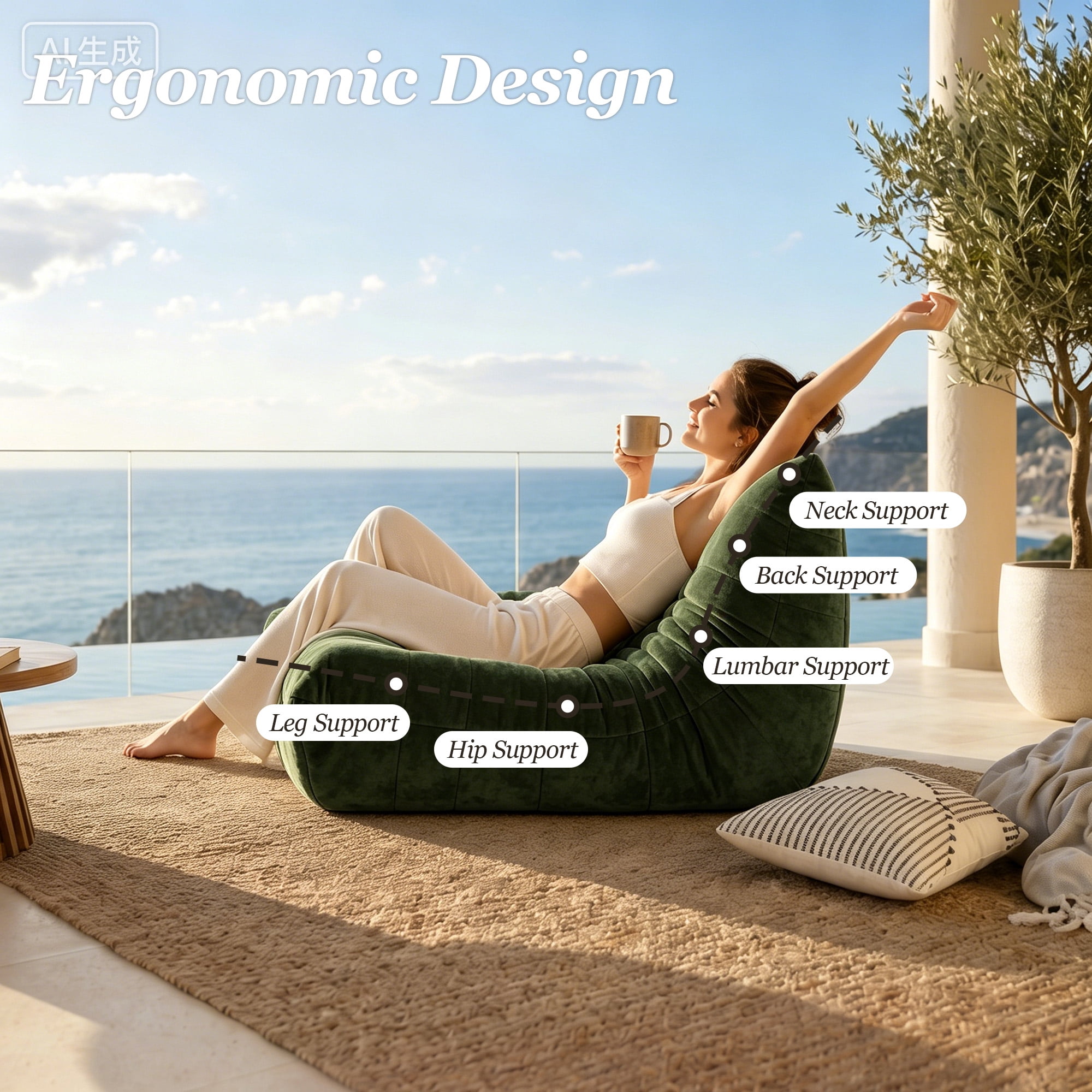 MOONMISS 53.14" Chenille Upholstered Oversized Lazy Sofa, 2-Seater Floor Sofan Deep Seat Floor Bean Bag Loveseat for Cozy Home Decor, Green