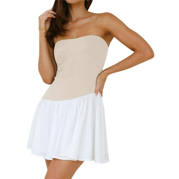 Rdhnmea Women Strapless Tube Top Mini Dress Off Shoulder Sleeveless Drop-Waist A Line Short Dress Summer Patchwork Dress