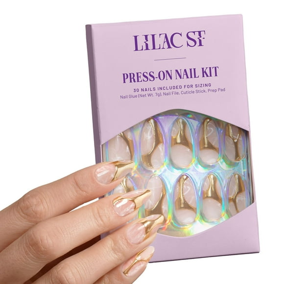 30 uñas Press On Nails Lilac St Gold In My Veins, 15 tamaños