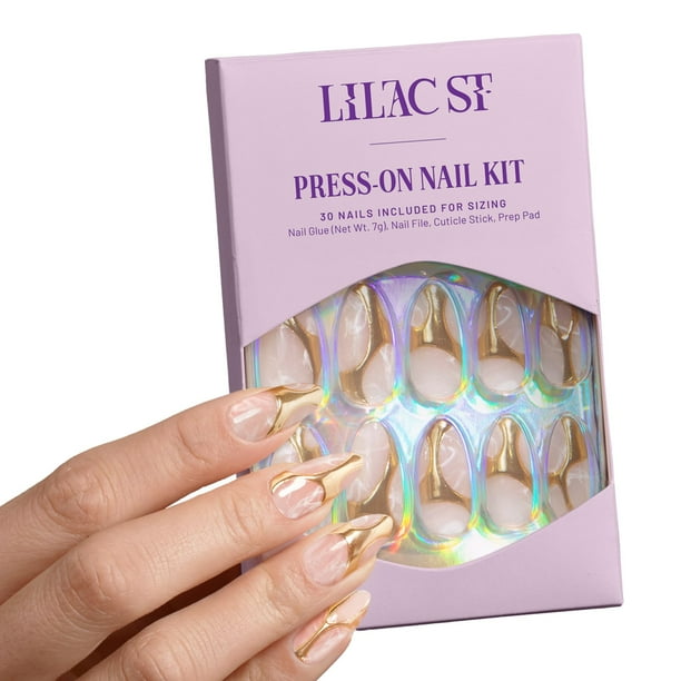 30 uñas Press On Nails Lilac St Gold In My Veins, 15 tamaños
