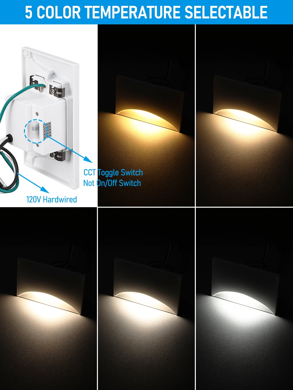9 Pack 5CCT 120V LED Step Lights, Dimmable Stair Lights IP65 Waterproof, Aluminum Shell, Anti-Glare, CRI90, White