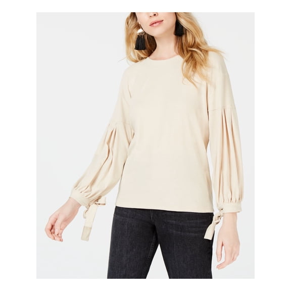 SAGE Womens Beige Tie Cuff Long Sleeve Crew Neck Casual Top M