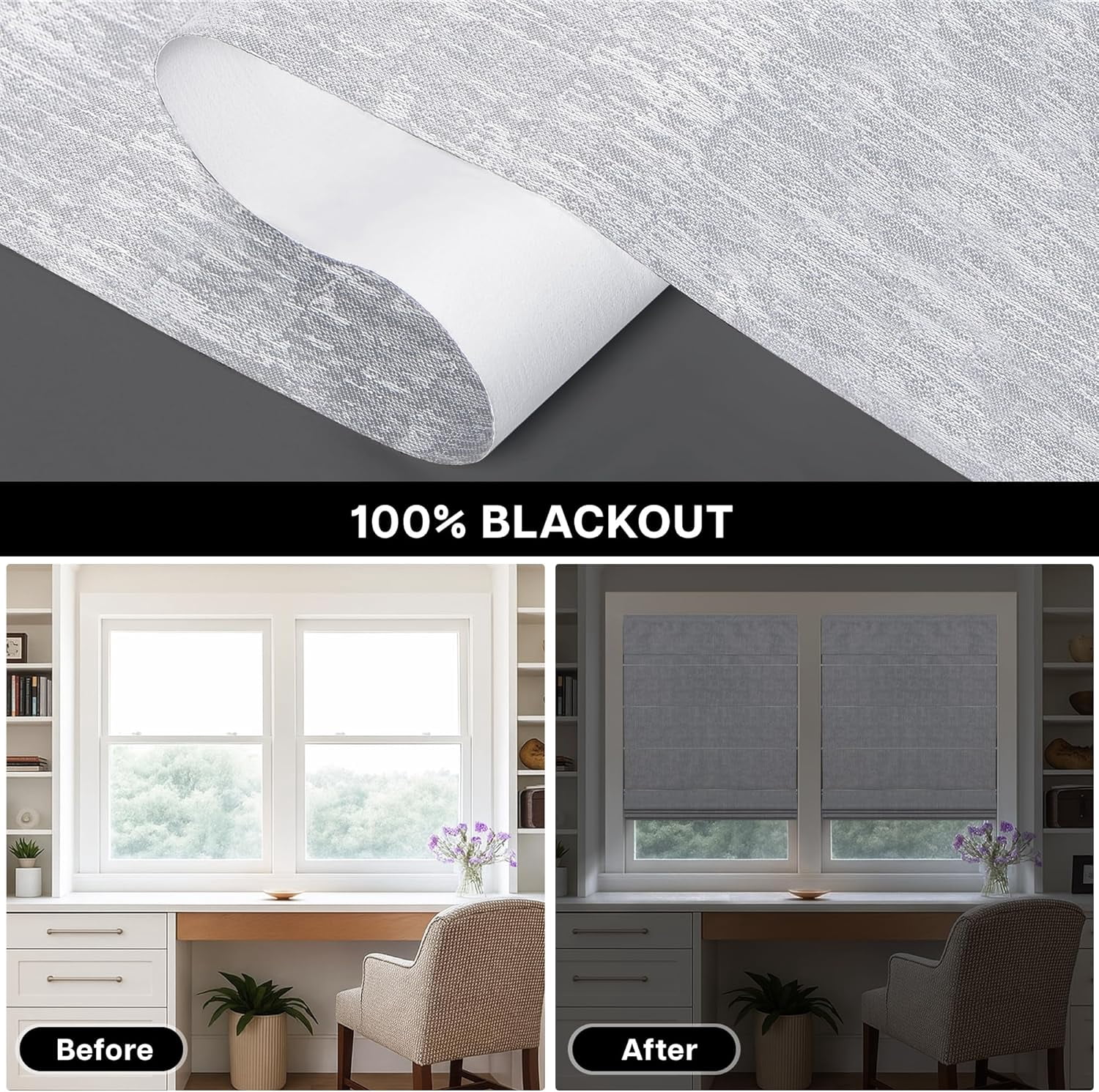 LazBlinds Cordless Roman Shades for Windows, Blackout Room Darkening Thermal Insulated Window Blinds, Lightweight Fabric Blinds for Indoor Windows, 35" W x 48" H, Light Grey