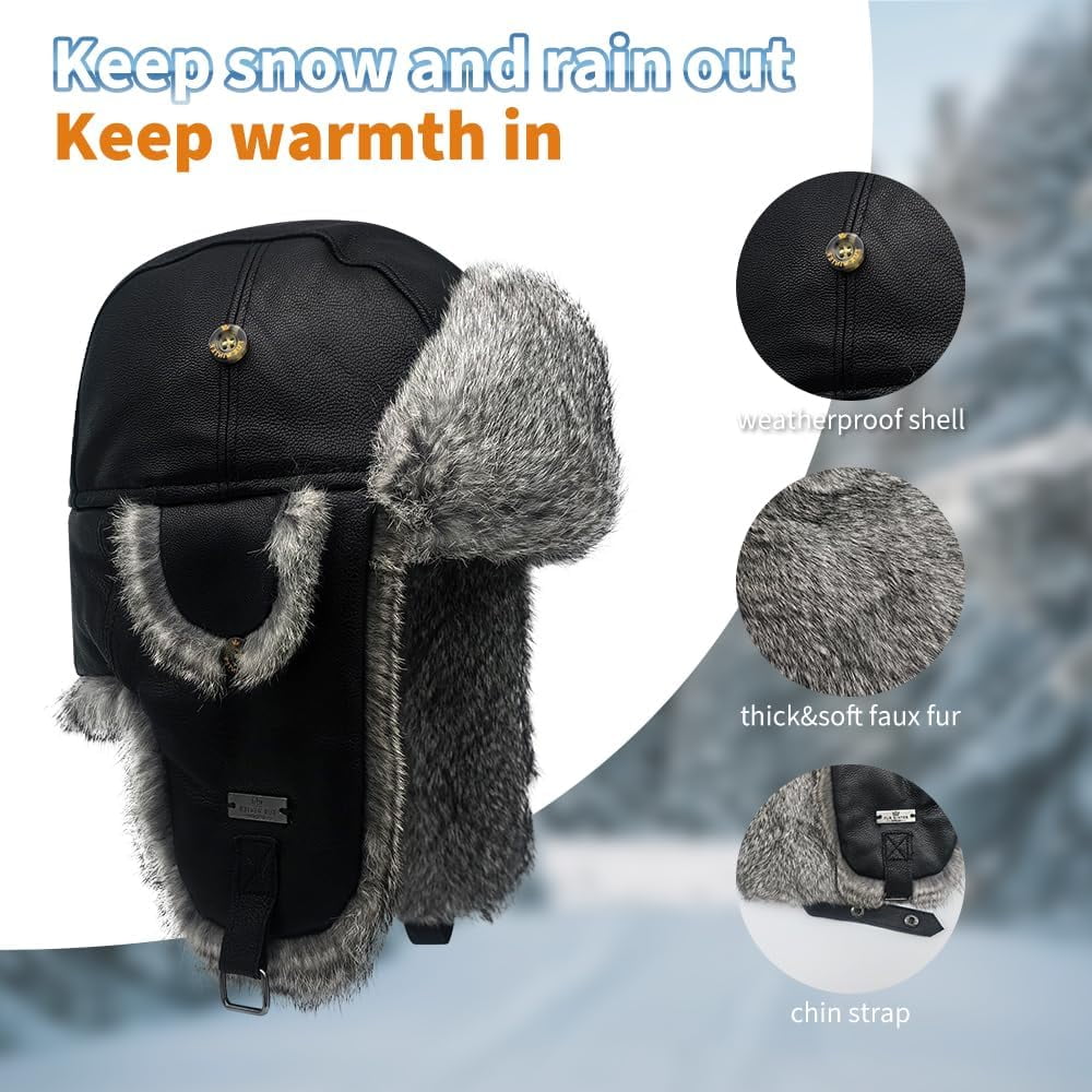 Winter Trapper Hat,Faux Rabbit Fur Knit Sheepskin Russian Trooper Aviator Hats Hunting Ski Ushanka Hat with Ear Flaps