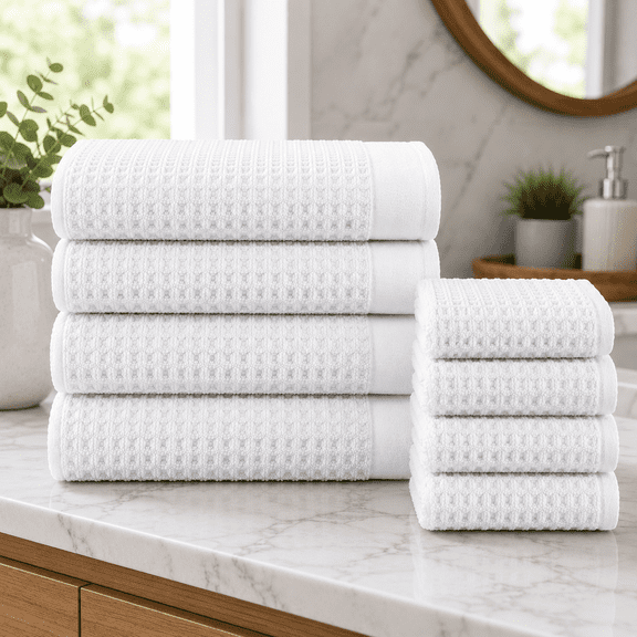 8-Piece White Cotton Bath Towel Set, Waffle Terry, 480 GSM