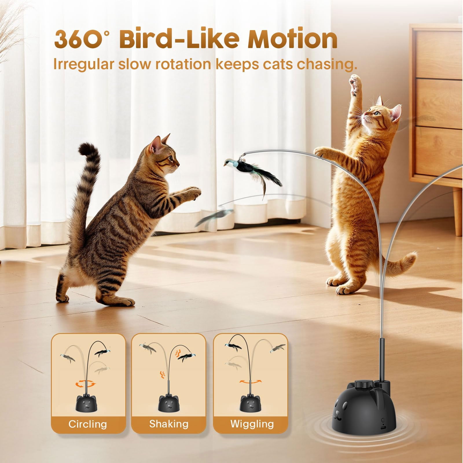 Interactive Cat Toys For Indoor Cats: Upgraded 360° Automatic Spin Flying Bird Wand With Silicone Protected Rod Safe Play  Strong 8cm Suction Cup Usb-rechargeable Bored Kittens And Adult