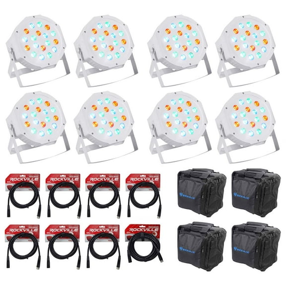 8) Rockville FHB-118 LED RGB DMX LED PAR Can Wash Lights 8) Cables and Carry Bags
