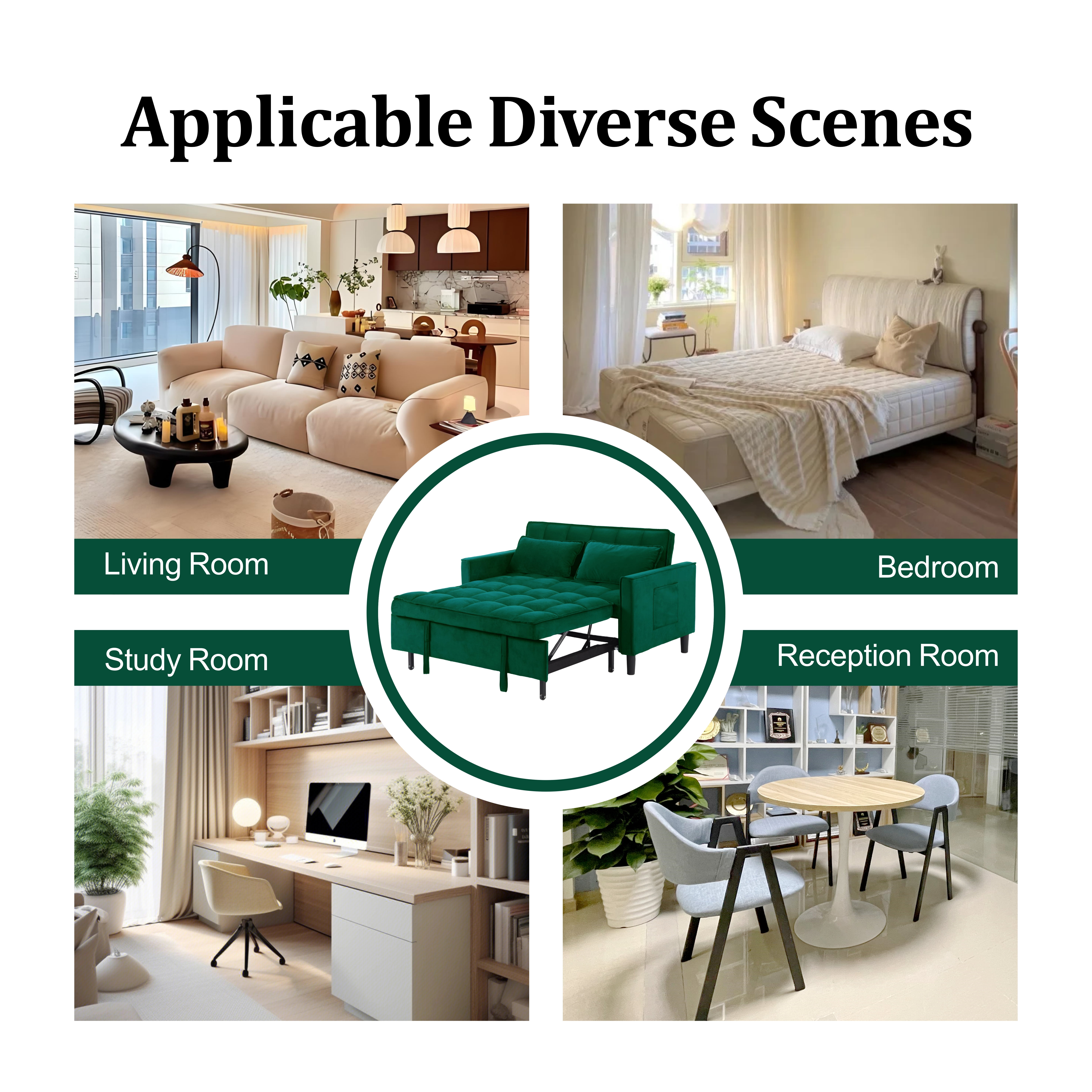 Gewnee 53.94" Pull-Out Sofa Bed – Convertible Twin Size Sleeper Bed,3 Adjustable Backrest Angles & Storage Side Pocket for Living Room,Office,Guest Room.Green