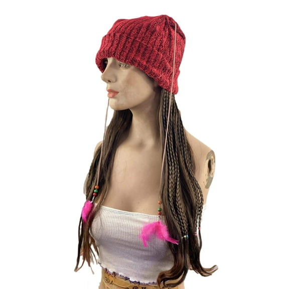 Women's Knit Beanie Cap with Attached Hair Mixed Braids with Beads and Feathers