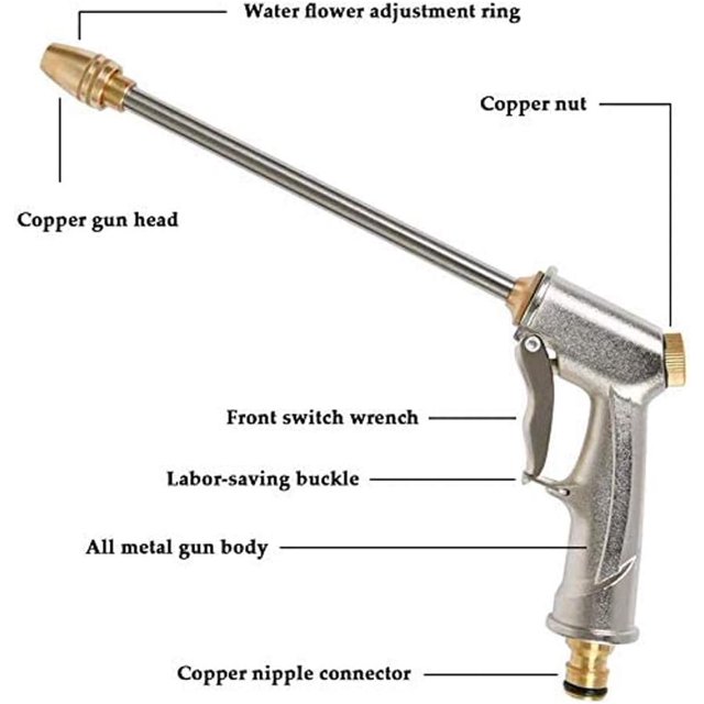 Pistola de riego de metal, botón de control de flujo fácil, rociador de jardín largo profesional de alta presión, para lavar/regar césped, jardines/caminos