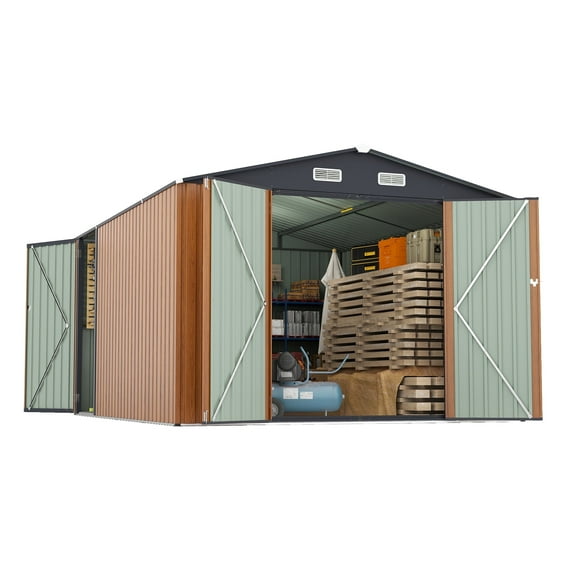 9x11 FT Outdoor Storage Shed with 3 Lockable Doors, Metal Utility Tool Shed with 4 Vents for Backyard, Patio & Lawn - Yellow
