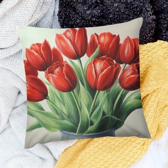 YILUYINQING Easter Pillow Covers  Red Tulip Spring Decorative Outdoor Throw Pillow Covers Famliy Decoration for Home Living Room Couch Sofa Bed 18x18in