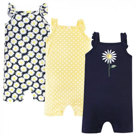 Hudson Baby Infant Girl Cotton Rompers 3pk, Daisy, 0-3 Months