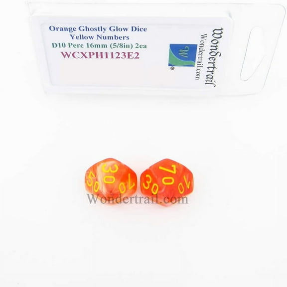 Orange Ghostly Glow Dice with Yellow Numbers Tens D10 16mm (5/8in) Pack of 2 Wondertrail