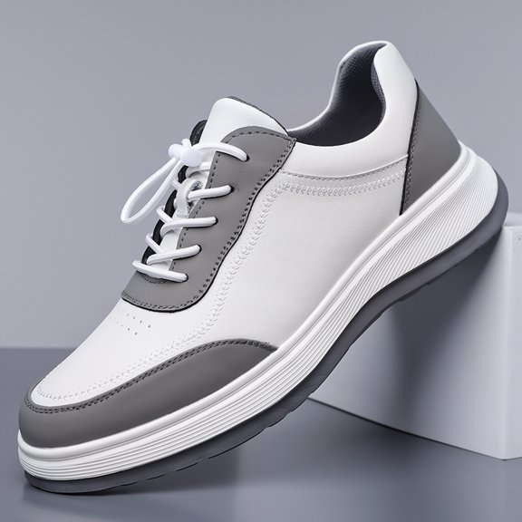 White Gray Color Block Elastic Lace Platform Leather Sneakers