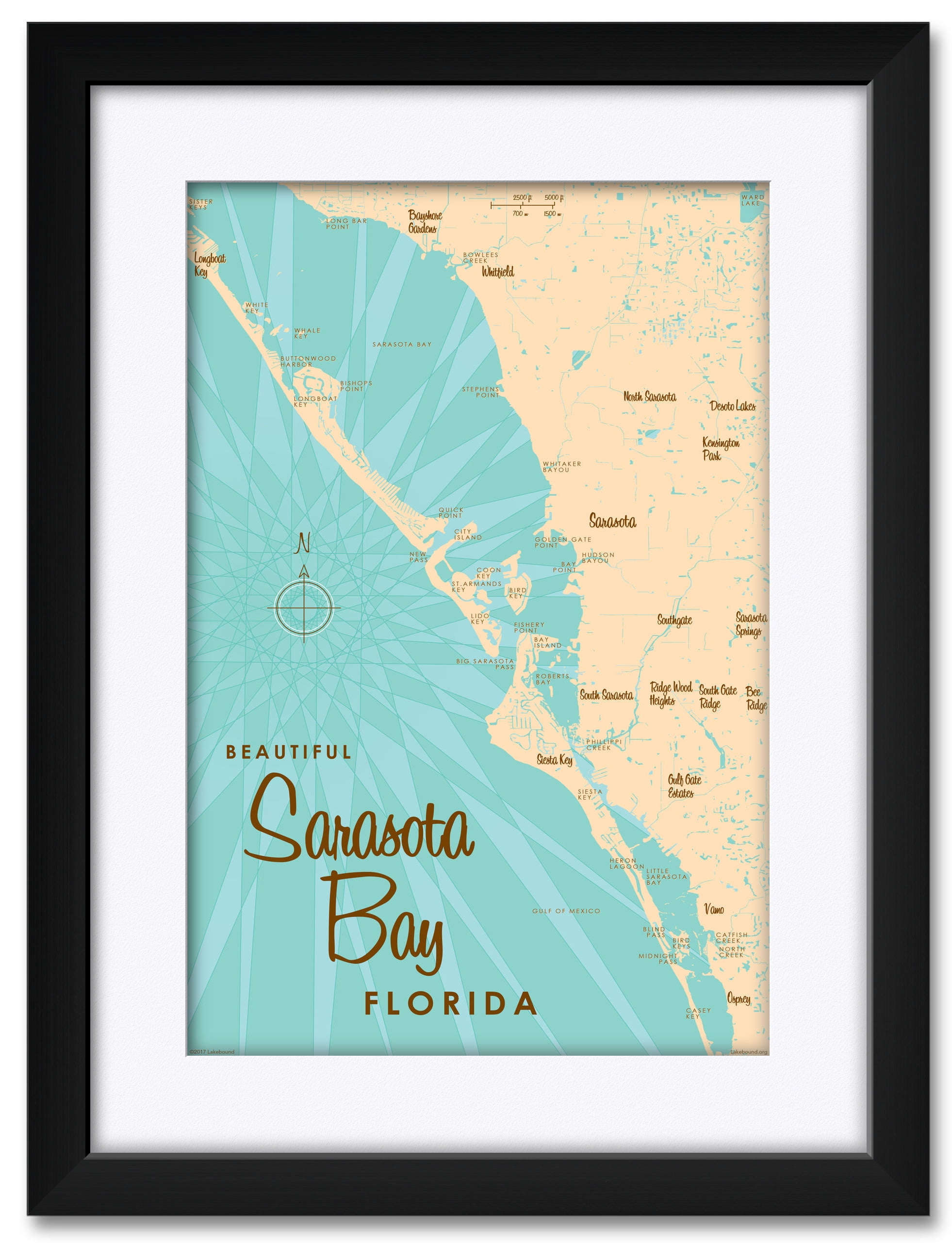 Sarasota Bay Florida Map Framed & Matted Art Print by Lakebound . Print