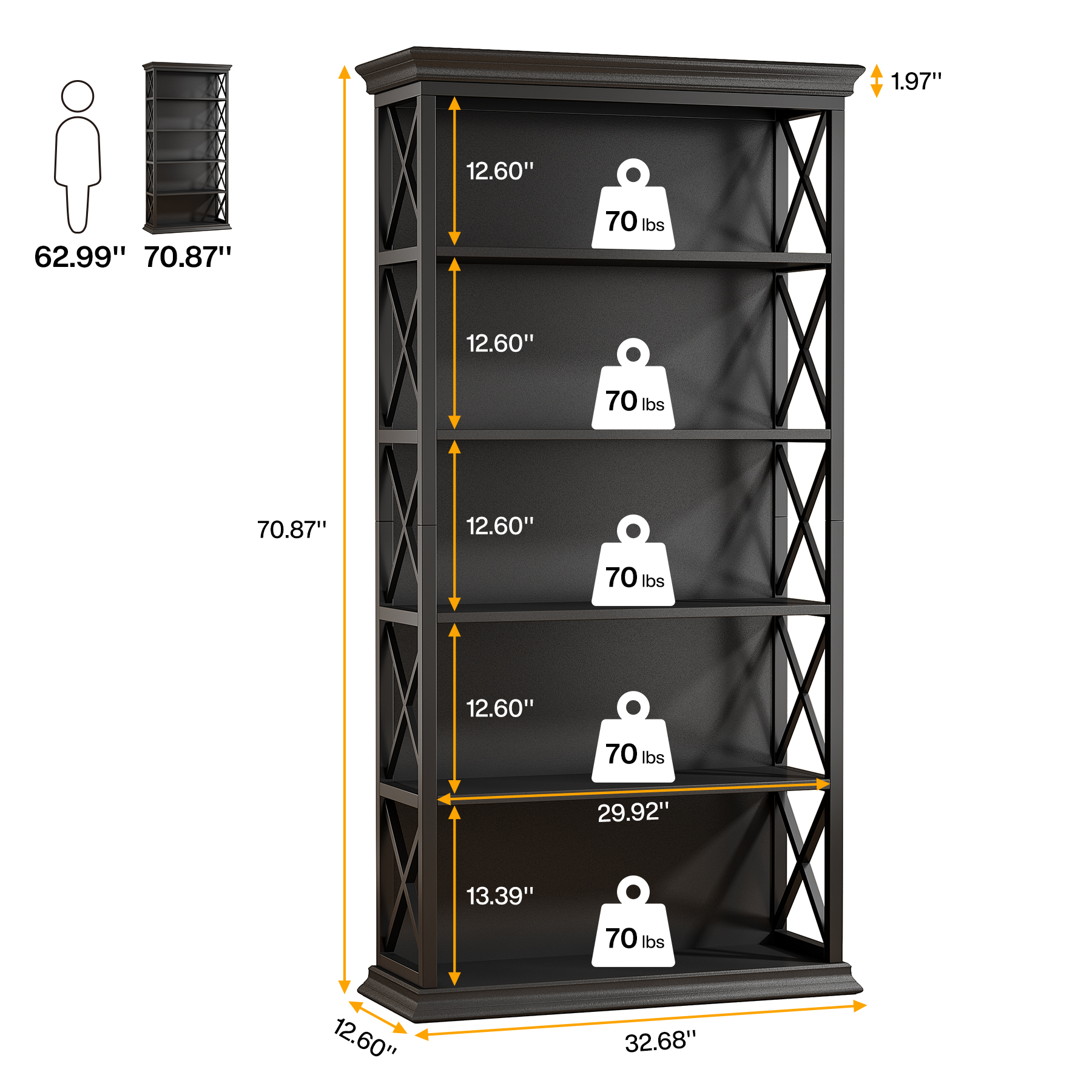 Fnova 71" 5-Tier Tall Bookshelf, Industrial Wood Bookcase with Metal Frame, Floor Standing Display Storage Shelves for Home Office, Living Room, Bedroom