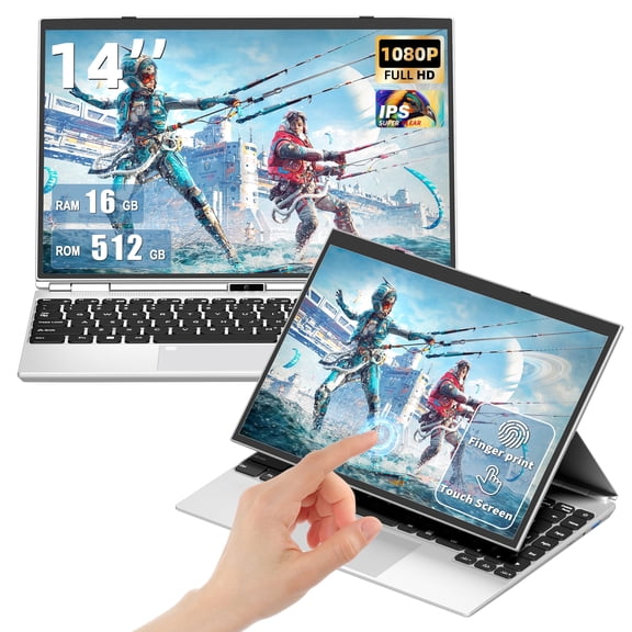 14" 4-in-1 Touchscreen Laptop, 16GB DDR4 RAM, 512GB SSD, N5105 Celeron, FHD 1920×1200 IPS Display, Backlit Keyboard, Type-C, Win 11 Pro   Office 2019, Silver