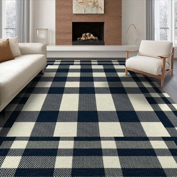 ODIKA 8'x10' Washable Area Rug Non-Shedding, Easy Care, Checkered Farmhouse Plaid Gingham Border Doormat Rag Layered Refined Structured for King Size Bedroom Under Bed, Master Suite