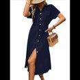 thumbnail image 1 of Vestido Informal de Verano para Mujer, de Color Liso, con Mangas , Botones y Cuello en V, con Bolsillos. Azul Marino L, 1 of 10