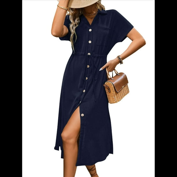 Vestido Informal de Verano para Mujer, de Color Liso, con Mangas , Botones y Cuello en V, con Bolsillos. Azul Marino S
