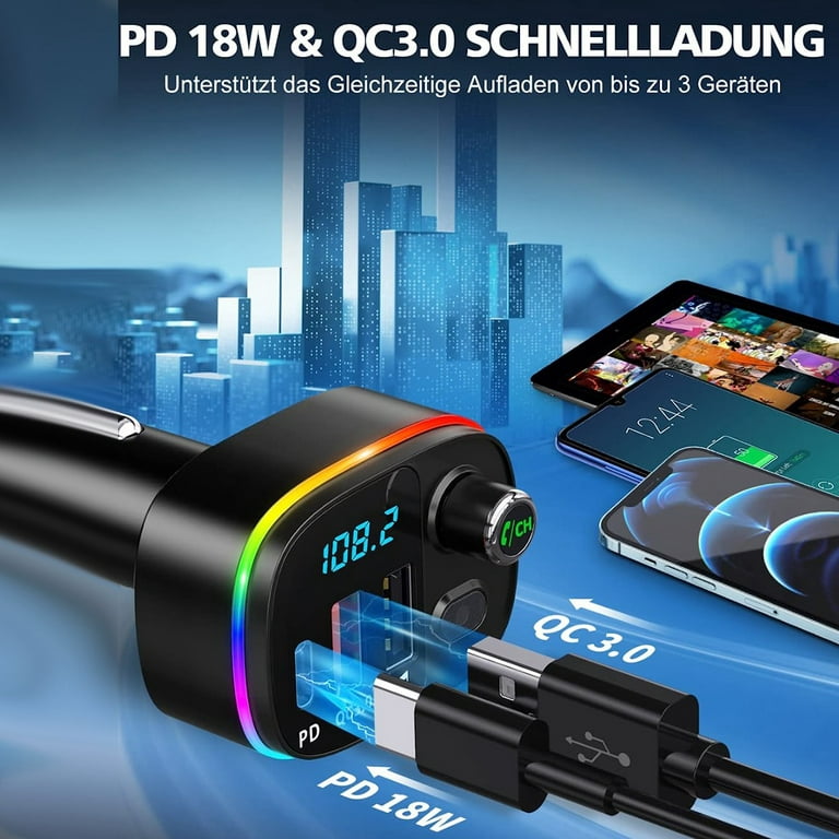 Bluetooth Adapter for Car, Car Bluetooth FM Transmitter, 9 RGB Lighting  Modes,Hands-Free Auto MP3 Player USB Charger 