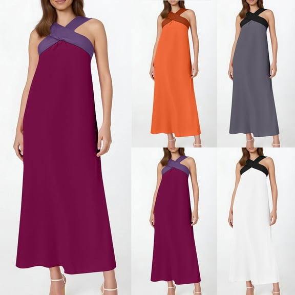 SMihono Summer Long Dresses for Women 2025 Elegant Criss Cross Halter Neck Backless Wedding Guest Dresses Sexy Maxi Sundress Gray M