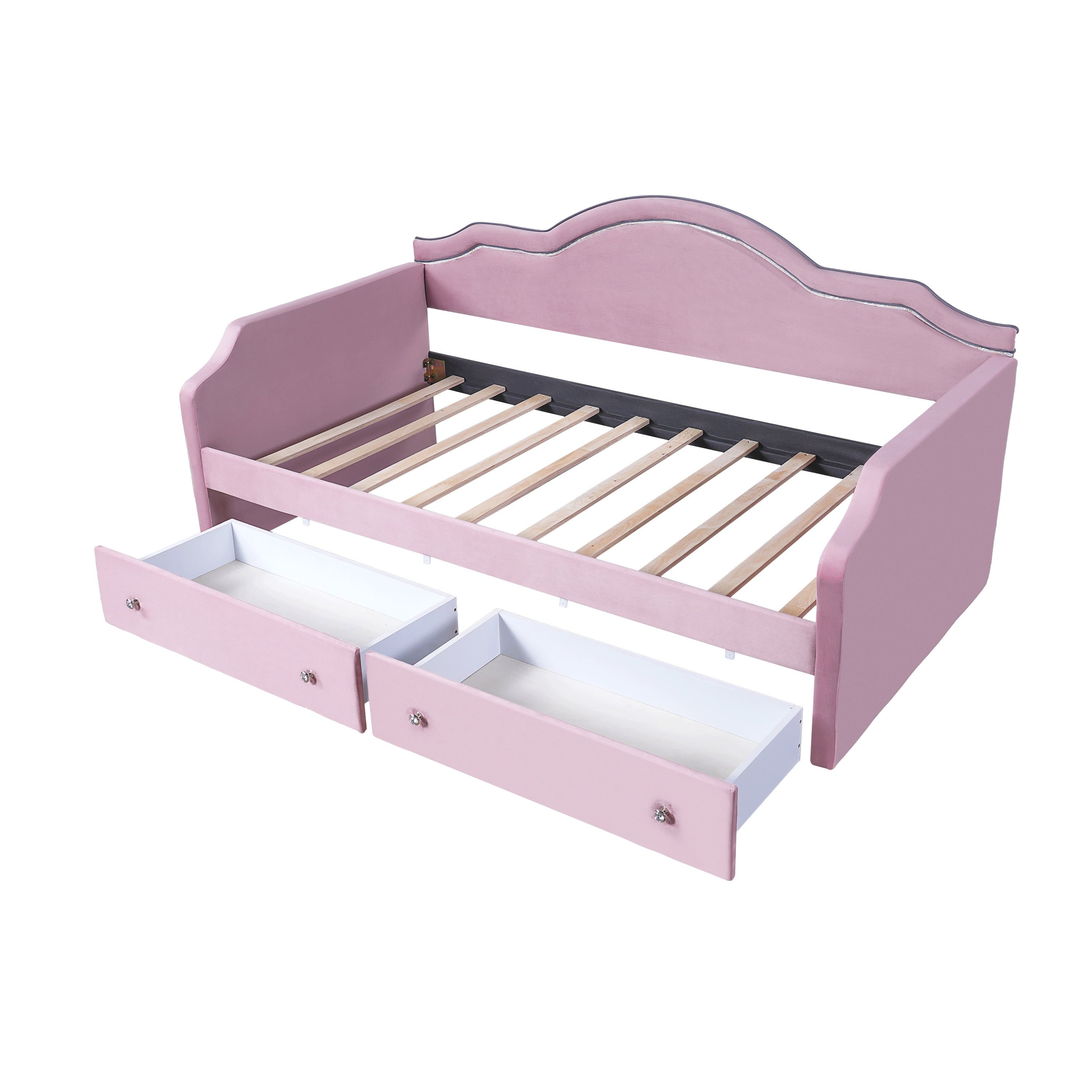 Euroco Upholstered Twin Size Daybed with LED Light and 2 Drawers, Pink