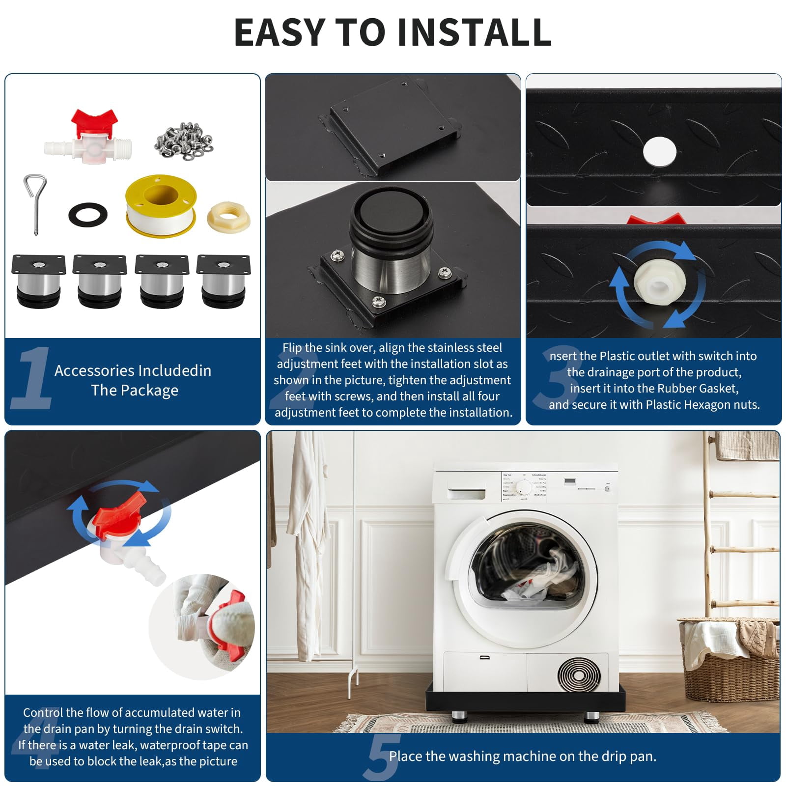 Accreate Heavy-Duty Carbon Steel Washing Machine Drain Pan, with Waterproof Tape, Outlet Switch, Drain Hole, Hose Adapter, Rust-Proof Leak Protection