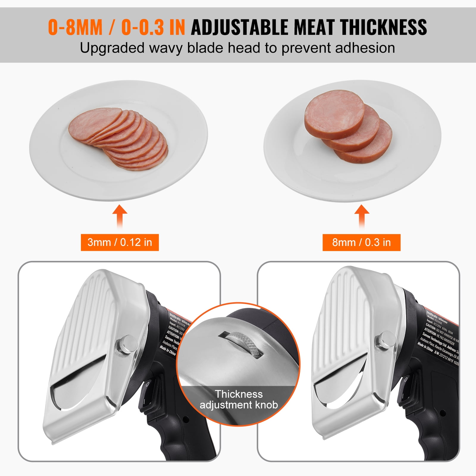 VEVOR Electric Shawarma Knife,80W Professional Turkish Kebab Knife, Commercial Stainless Steel Gyro Cutter,Doner Kebab Meat Slicer with 2 Blades,Φ4"/100mm Blade Diameter,0-8mm Adjustable Thickness