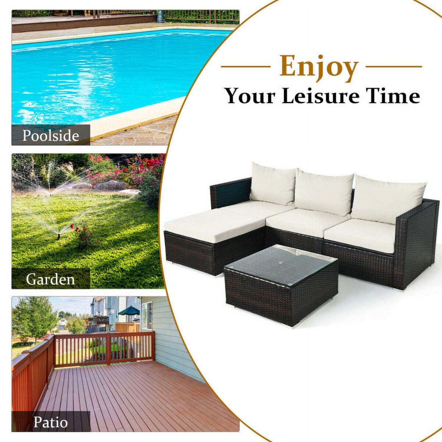 Aimee Lii 5 Pieces Patio Rattan Sectional Furniture Set with Cushions and Coffee Table, Outdoor Deck Furniture, Off White Aimee Lii 5 Pieces Patio Rattan Sectional Furniture Set with Cushions and Coffee Table, Outdoor Deck Furniture, Off White