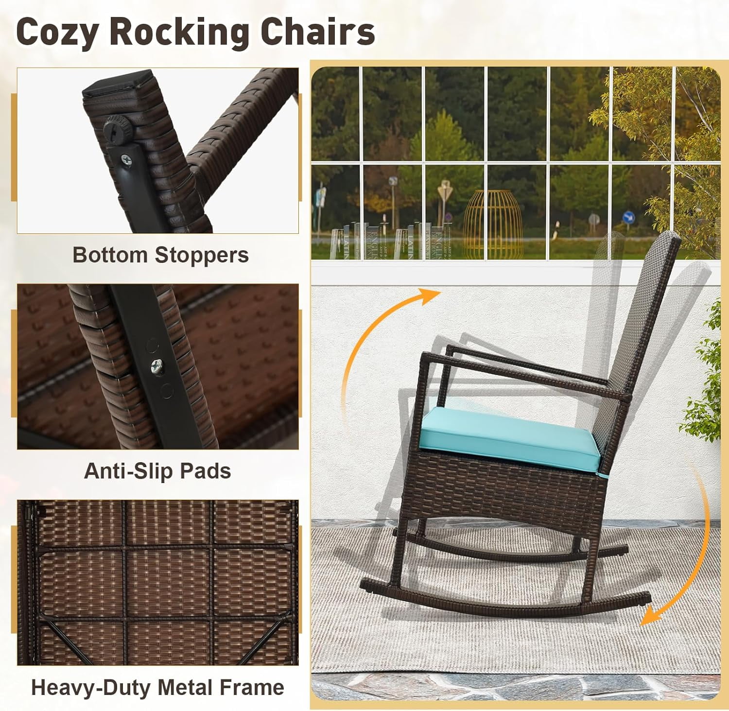 3 Pcs Outdoor Patio Wicker Bistro Furniture Set Rocking Chairs Sets w/ 2 Cushion, Glass Coffee Table, Turquoise