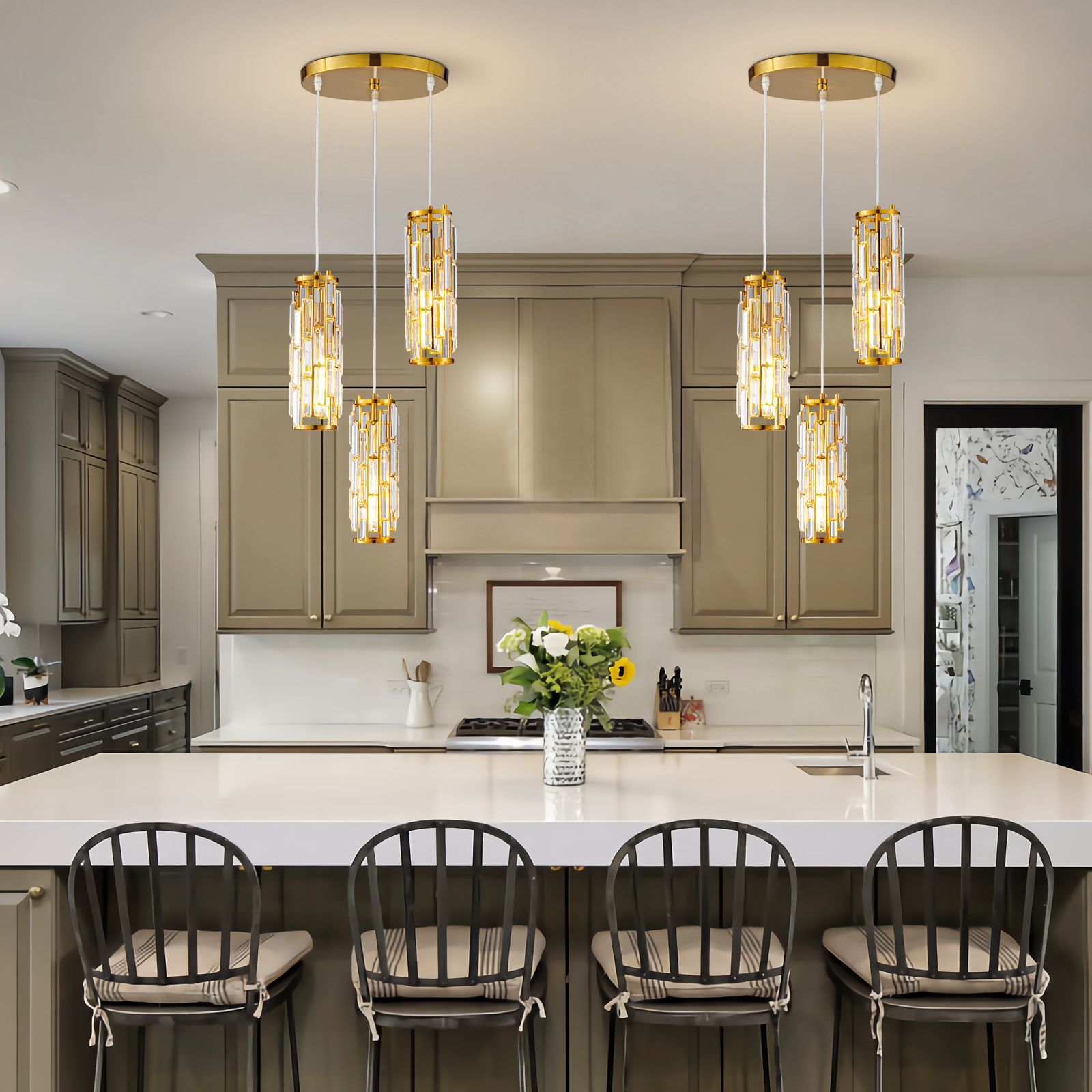 Modern Pendant Lighting, ZHLWIN Mini Crystal Chandeliers,Adjustable Pendant Light Fixture for Kitchen Island Dinning Room Bedroom, Gold