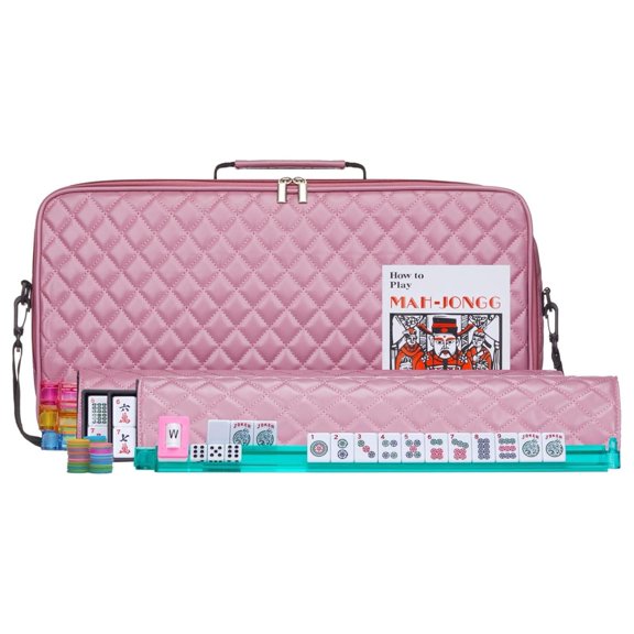 American Mahjong Set Pink - Quilted PU Leather Carrying Bag with Shoulder Strap & Handles, All-in-One Tile Racks with Pushers, 166 Engraved Tiles, Dice, Bettor, Extra Tiles &