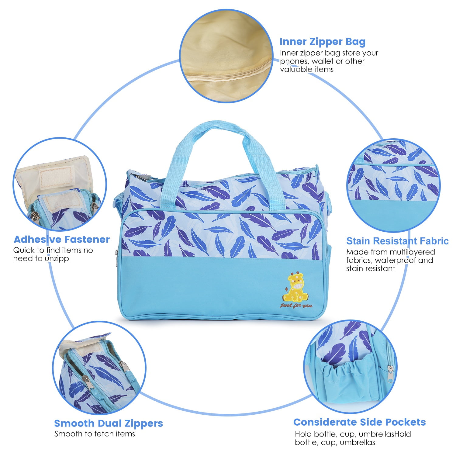 5Pcs Mummy Diaper Tote Bag Baby Nappy Bag with Diaper Pad Food Bag Bottle Bag Travel Tote Bags for Mom Dad Light Blue