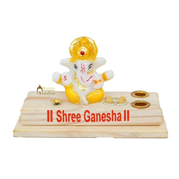StatueStudio Ganesha Idol For Home Décor With Wooden Base Pen Holder Stand For Table Home Showpiece Multicolor (4.8 X 1.8 X 3 Inch)