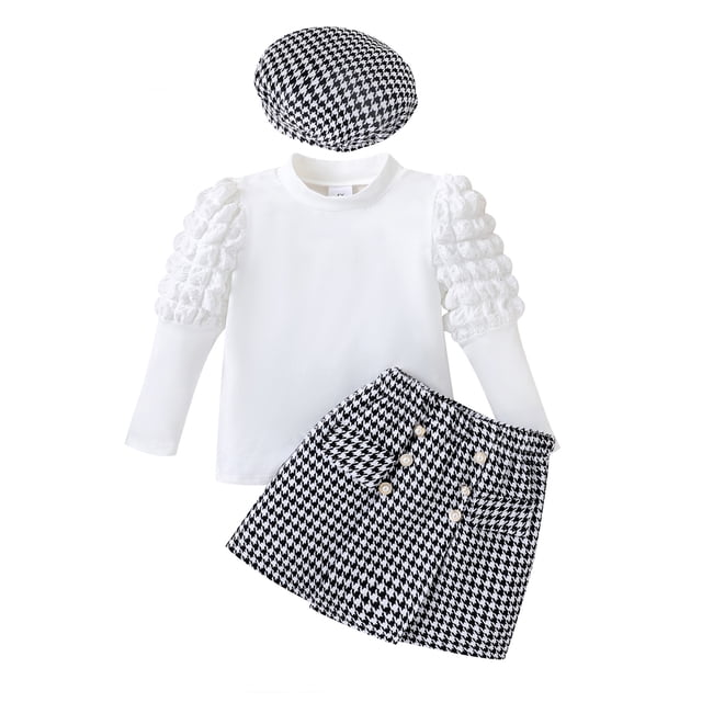 xiaxaixu Ensemble 3 Pcs pour Fille Automne Manches Longues Col Rond Jupe Pied-de-Poule Béret Vêtements Élégants