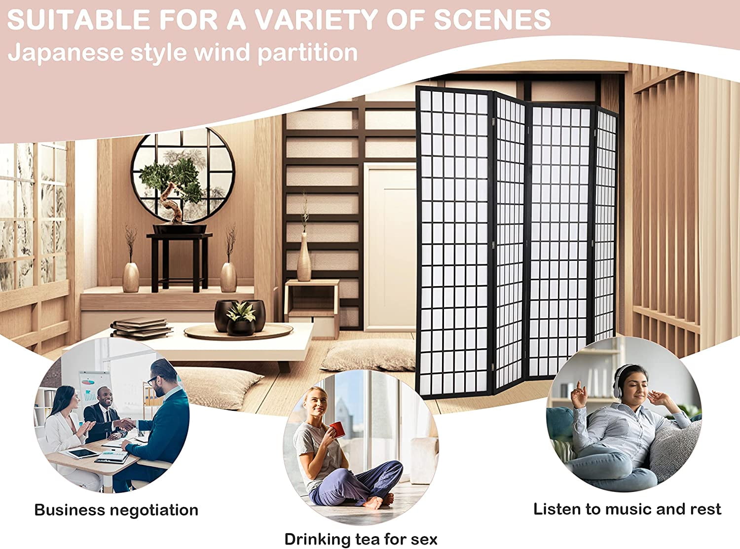 CL.HPAHKL 4 Panel Folding Room Divider, Shoji Style Privacy Screen Wooden Wall Divider