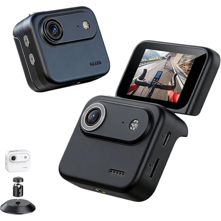 4K Action Camera 180&deg; Flip Touch Screen Mini VLOG Recorder with Built-in Fill Light 6-Axis Anti-Shake Sports Camera for Cycling & Travel 143&deg; Wide-Angle Pocket Cam (Black 64G+Card Reader)