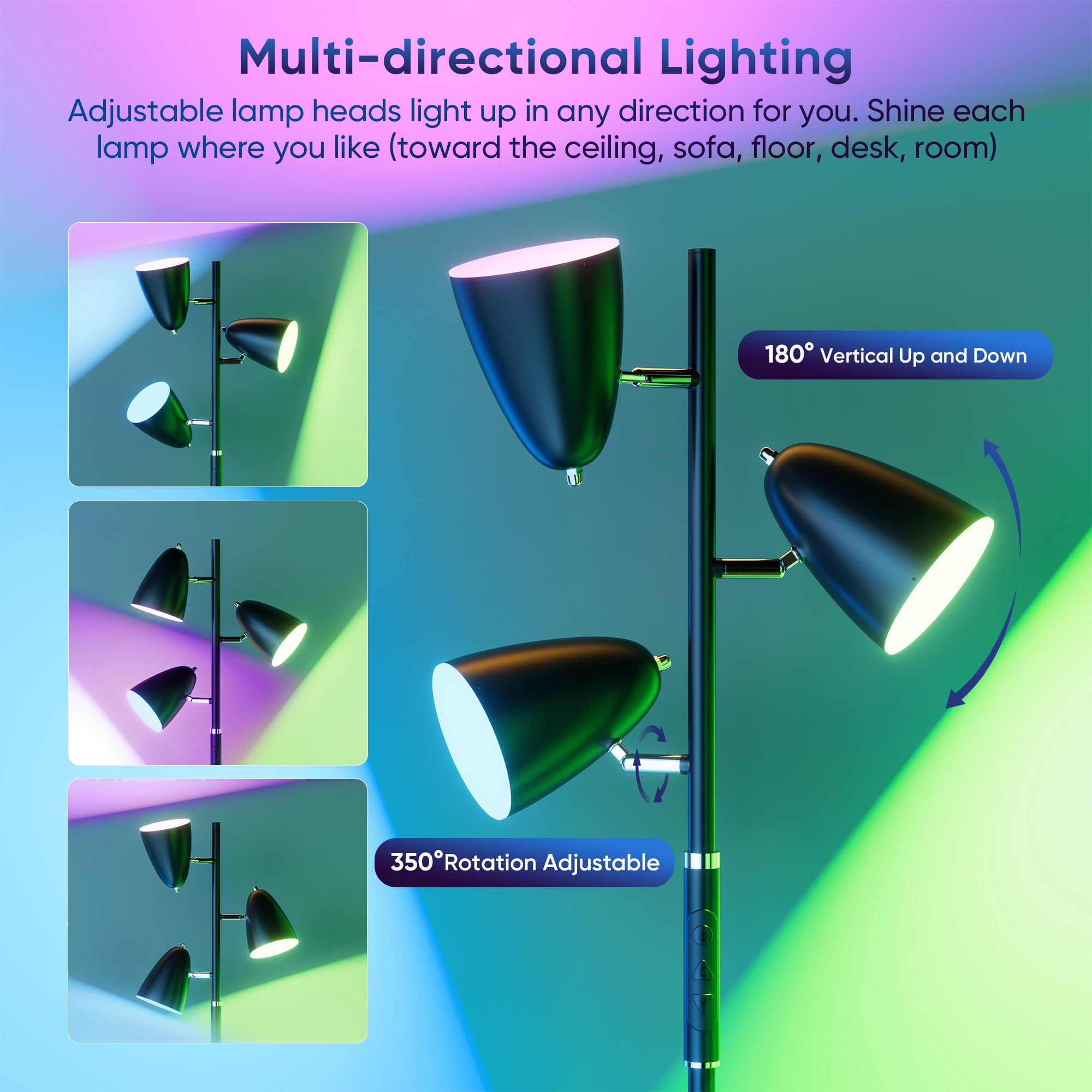 70" Modern Floor Lamp for Living Room, Tree Floor Lamp for Bedroom with 4 Colors Changing& RGB Mode, Remote and Touch Control Stepless Dimmable, Black