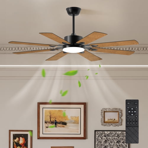 Ventilador de techo de 52 pulgadas con luces y control remoto, 8 cuchillas de madera contrachapada, motor de corriente continua reversible sin ruido de 6 velocidades