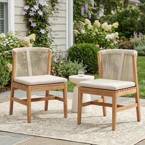 Christopher Knight Home Boho Teak Outdoor Wood Dining Chairs with Rope Back, Beige Cushion, Set of 2