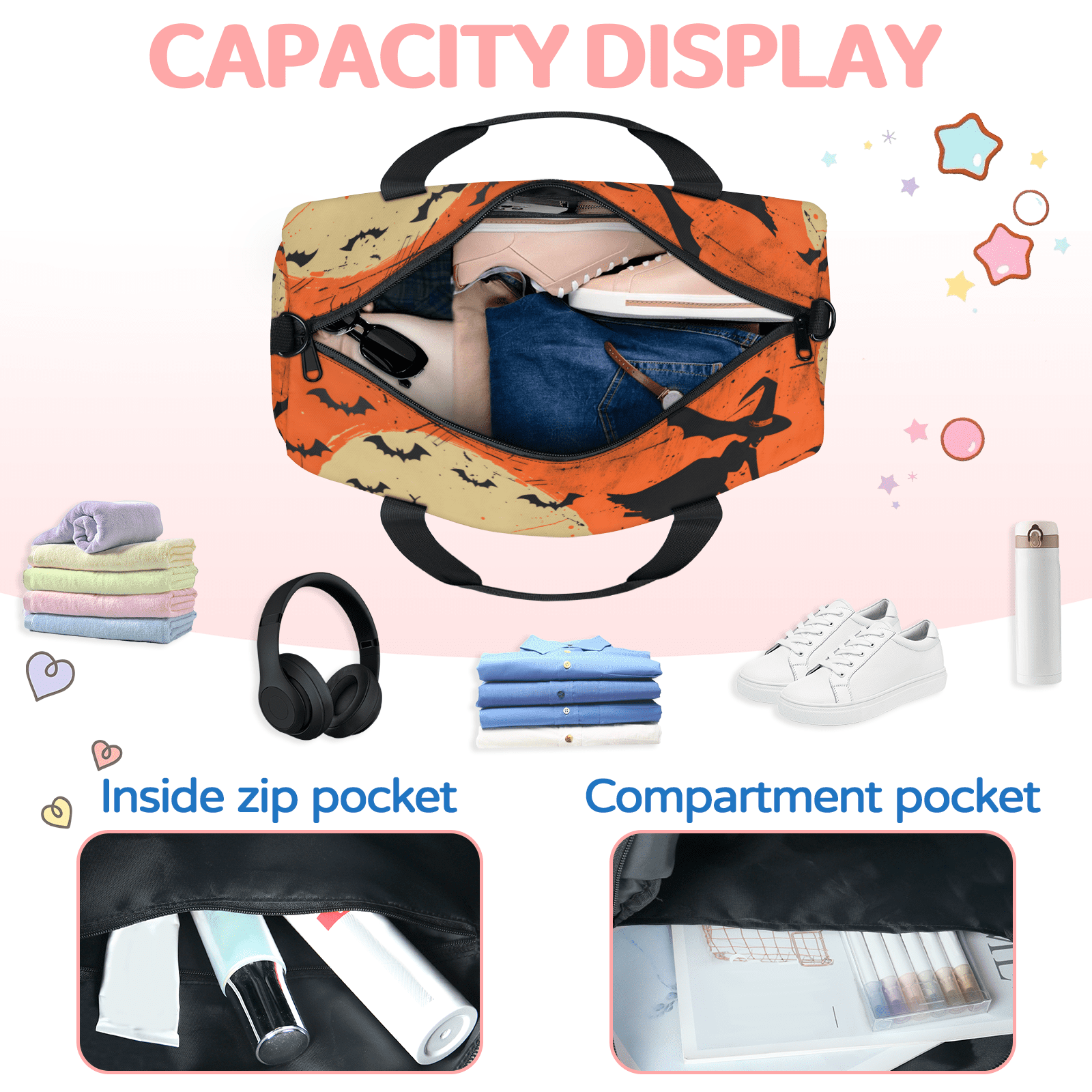 Herdesigns Halloween Themed Gym Bag for Women, Duffle Bag for Travel Sport, Lightweight Waterproof Carry on Weekender Overnight Dance Yoga Workout Bags