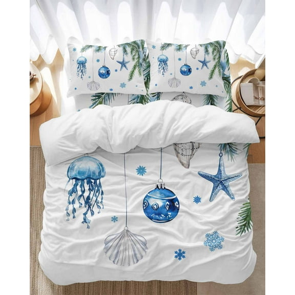 Christmas Ocean Bedding Duvet Cover Set Full 4 Pieces Theme Blue Watercolor Christmas Balls Snowflake Bedding Set with Zipper Closure,1 Comforter Cover 86x86 Inches 1 Flat Sheet & 2 Pillow Cases
