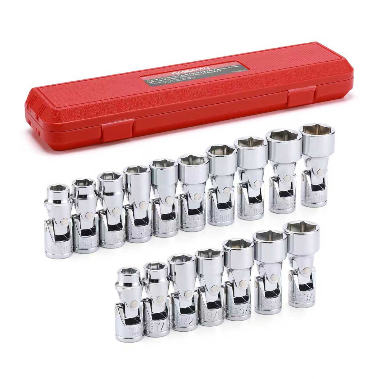 17-Piece 3/8-Inch Drive Universal Joint Socket Set, Swivel Socket Set, 6-Point, SAE (3/8" to 3/4") and Metric (10mm to 19mm), CR-V, Universal Flex Socket for Easier Access to Tight Spaces