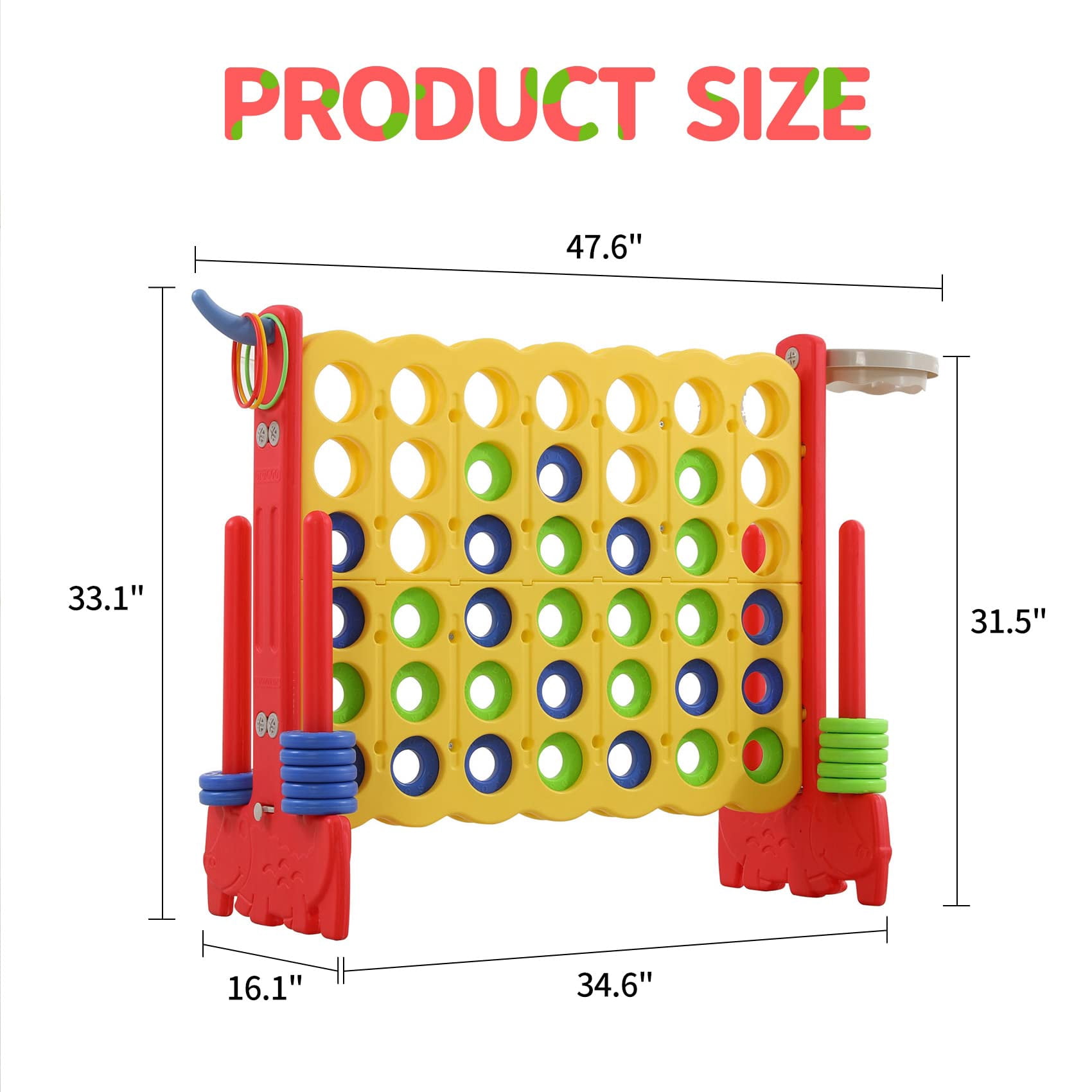 UNICOO® 3-in-1 Giant 4 in a Row Game for Outdoor & Indoor Fun! Featuring Basketball Hoop, Ring Toss Game & 4-to-Score Game. Perfect for Kids, Adults & Parties with Carrying Bag (Yellow + Red)
