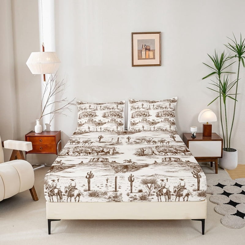 Western Cowboy Fitted Sheet Queen Size Brown Sketch Desert Wild Horse Bedding Set 3Pcs for Kids Boys Men Girls Bedroom Decor Rustic Farmhouse Bed Sheet Animals Deep Pocket Sheet,2 Pillowcase