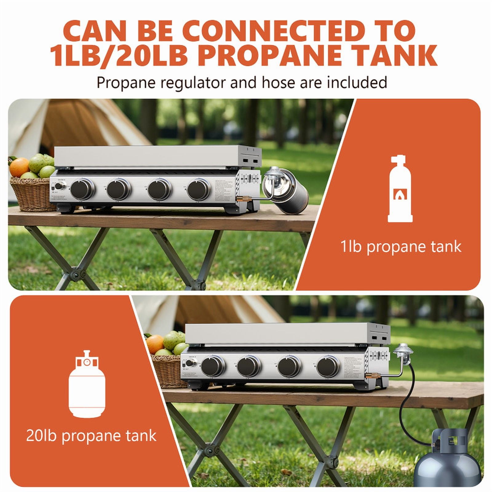 KNDKO Stainless Steel 4-Burner Propane Gas Grill, 34001 BTU BBQ Grill with Tool Holders, Porcelain-Enameled Cast, Iron Grates for Outdoor Cooking